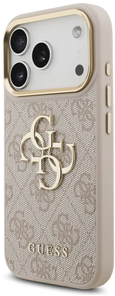 Guess 4G Big 4G Classic Logo Big Strap Metal Mygtukai dėklas skirtas Apple iPhone 17 Pro rožinės spalvos