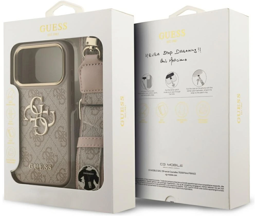 Guess 4G Big 4G Classic Logo Big Strap Metal Mygtukai dėklas skirtas Apple iPhone 17 Pro rožinės spalvos