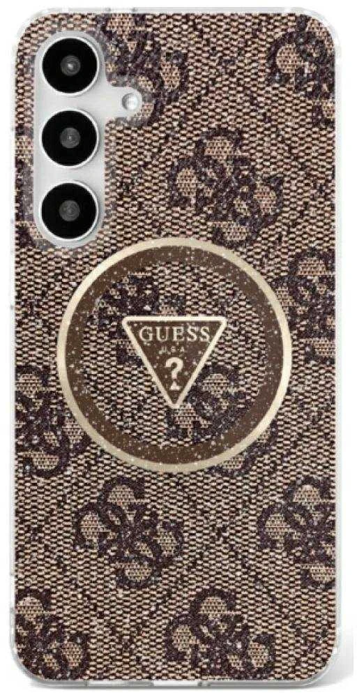 Dėklas Guess 4G Glitter Triangle Mygtukai MagSafe Samsung Galaxy S25 rudos spalvos
