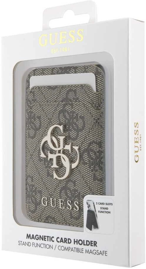 Dėklas „Guess 4G Metal Logo MagSafe Cardslot“ stovas su raudonomis spalvomis