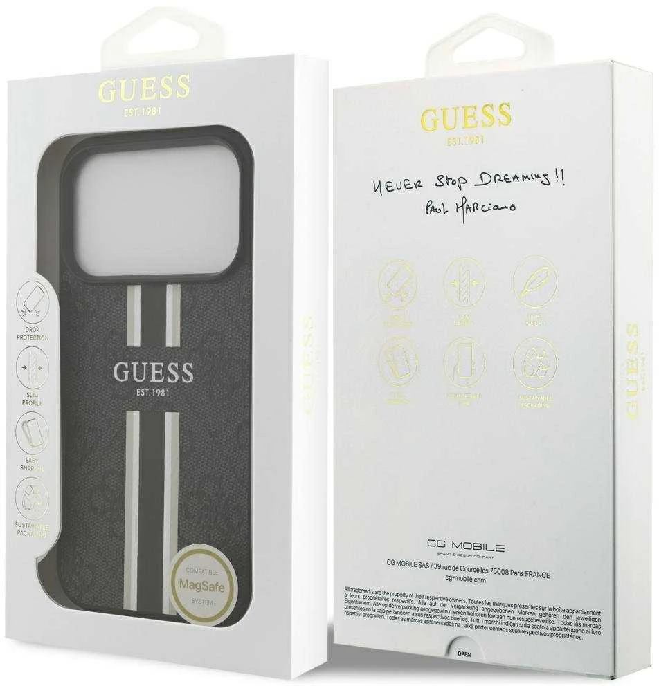 GUESS dėklas, skirtas IPHONE 17 Pro, suderinamas su MagSafe GUHMP17LP4RPSK (4G spausdintos juostelės), juodas