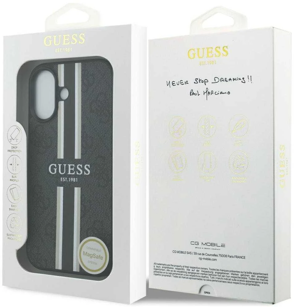 „Guess 4G“ dryžuotas „MagSafe“ dėklas, skirtas „iPhone 17“ - juodas