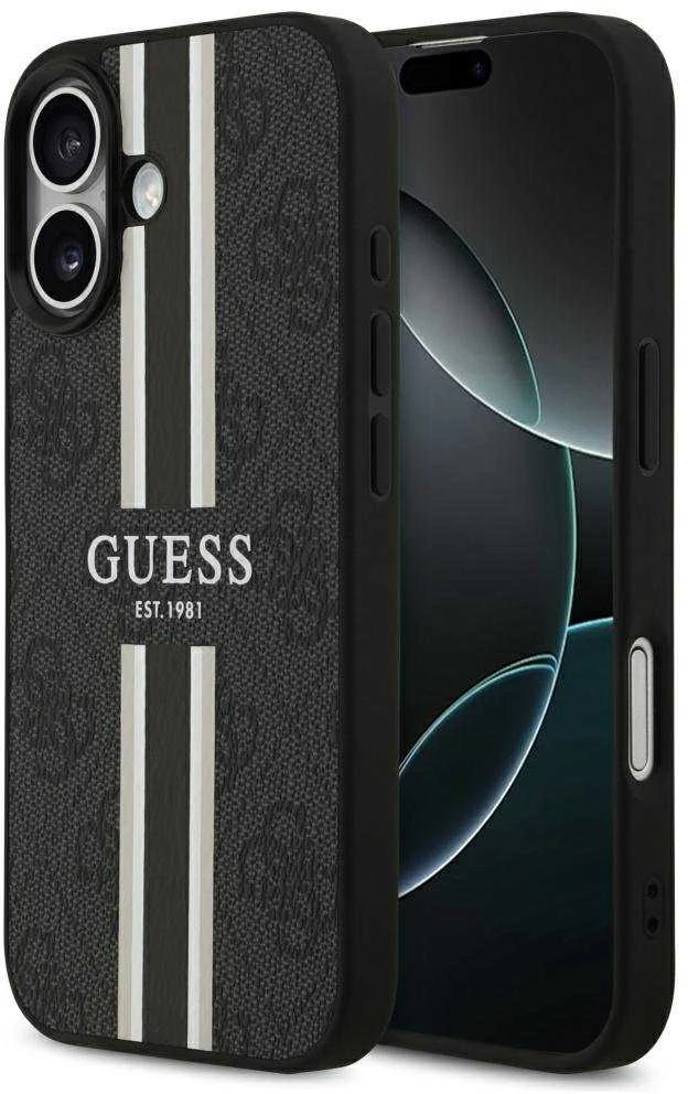 „Guess 4G“ dryžuotas „MagSafe“ dėklas, skirtas „iPhone 17“ - juodas