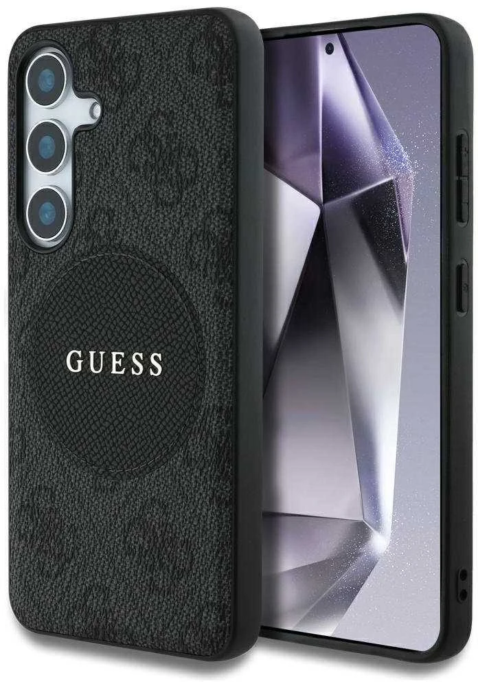Dėklas Guess 4G Round Patch Classic Logo MagSafe Samsung Galaxy S25 Plus juodos spalvos