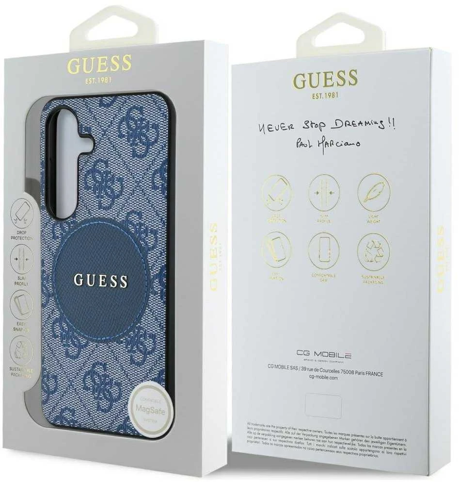 Guess 4G Round Patch Classic Logo MagSafe Samsung Galaxy S25 Plus dėklas telefonui mėlynos spalvos