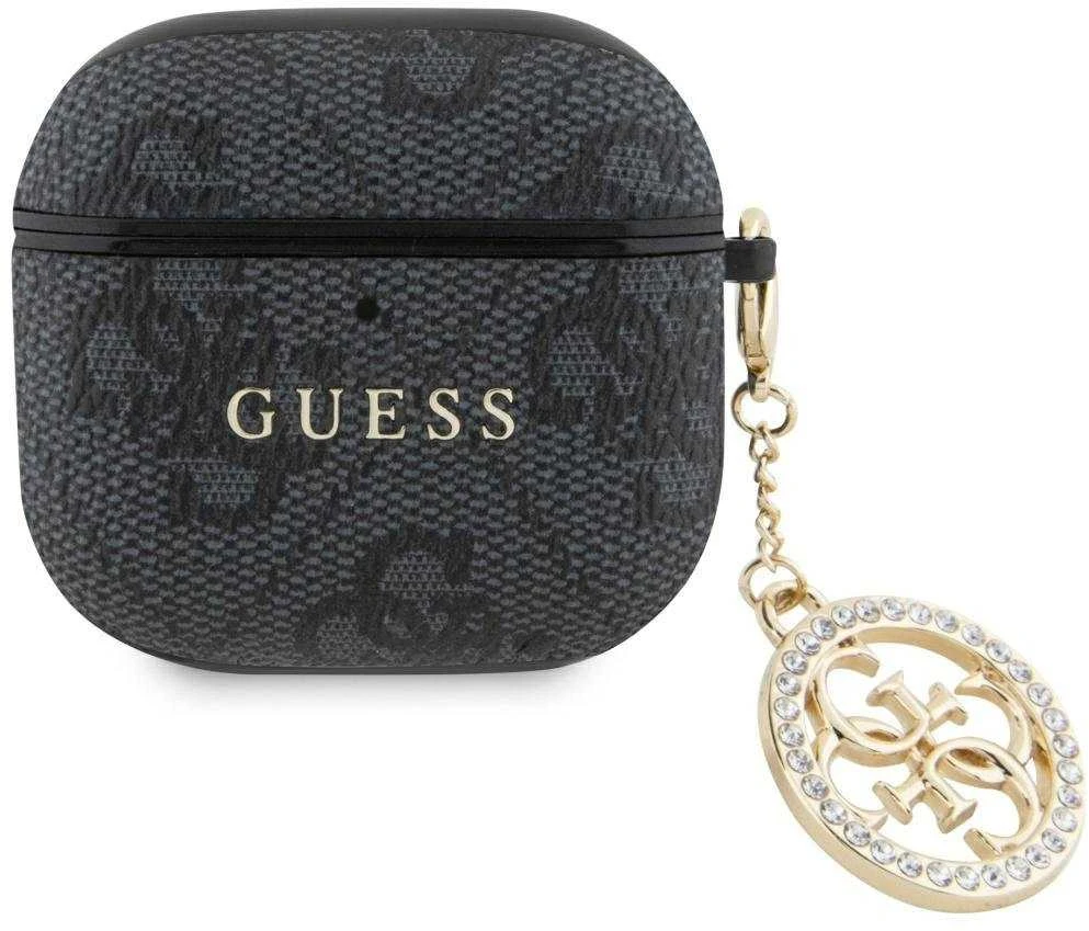 Guess 4G Script PC/PU Charm dėklas skirtas Apple AirPods 4 juodos spalvos
