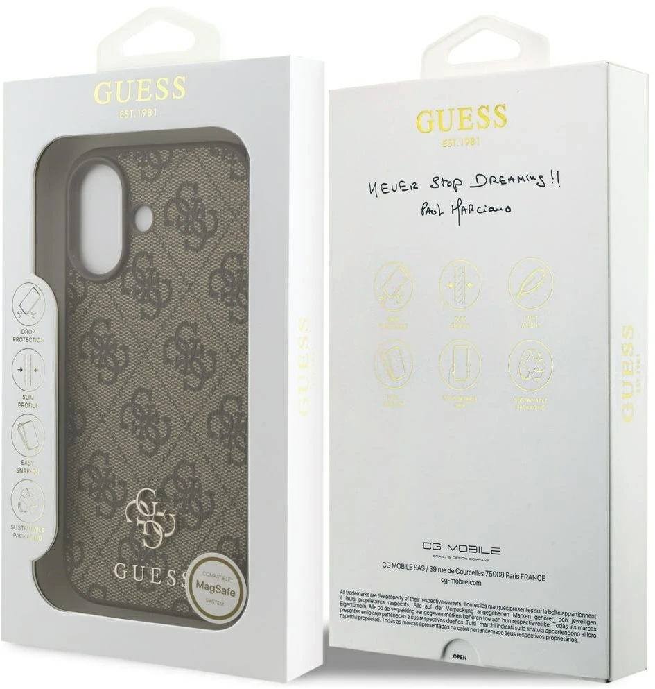 GUESS dėklas, skirtas IPHONE 17, suderinamas su „MagSafe GUHMP17SP4SM4MW“ (PU 4G Small 4G ir Classic), rudas