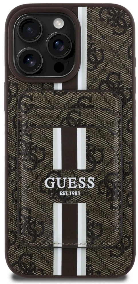Guess 4G Stripes su portfelem Magsafe Apple iPhone 16 Pro Max dėklas telefonui rudos spalvos