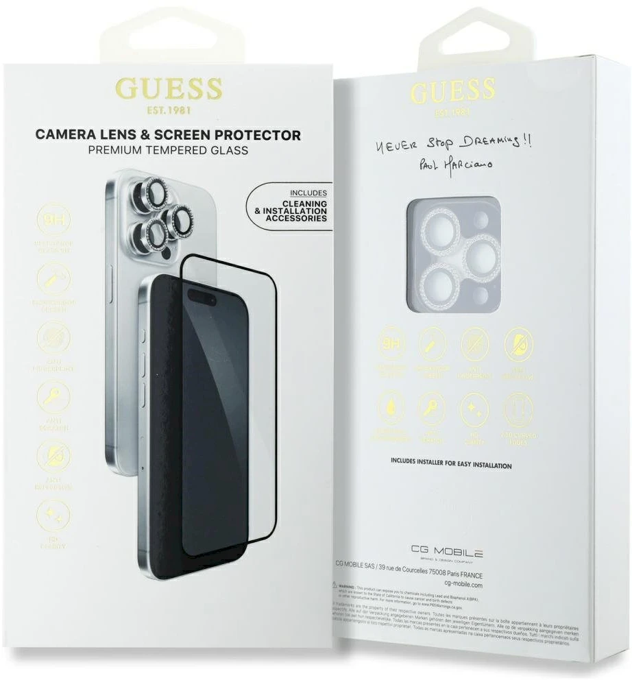 Komplektas 2 viename Guess BP Rhinestone ekrano ir kameros objektyvo stiklinis sijonas Apple iPhone 16 Pro Max sidabrinis