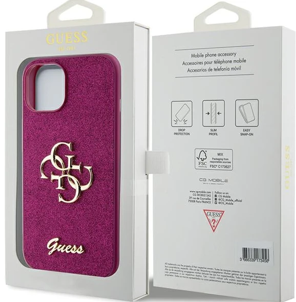 Apple iPhone 15 Guess dėklas Glitter Script Big 4G (Guhcp15shg4sgu) violetinės spalvos