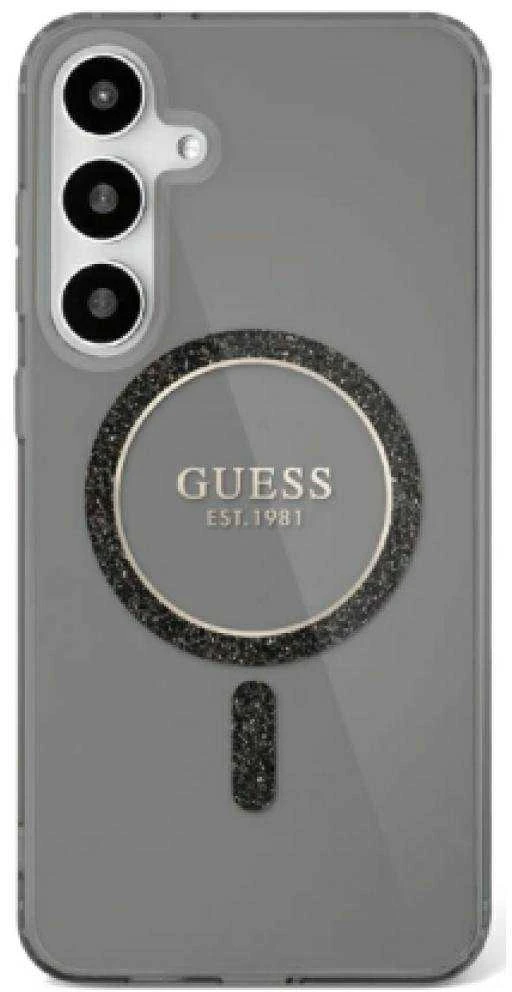 Dėklas Guess Glitter Circle Classic Logo MagSafe Samsung Galaxy S25 juodos spalvos