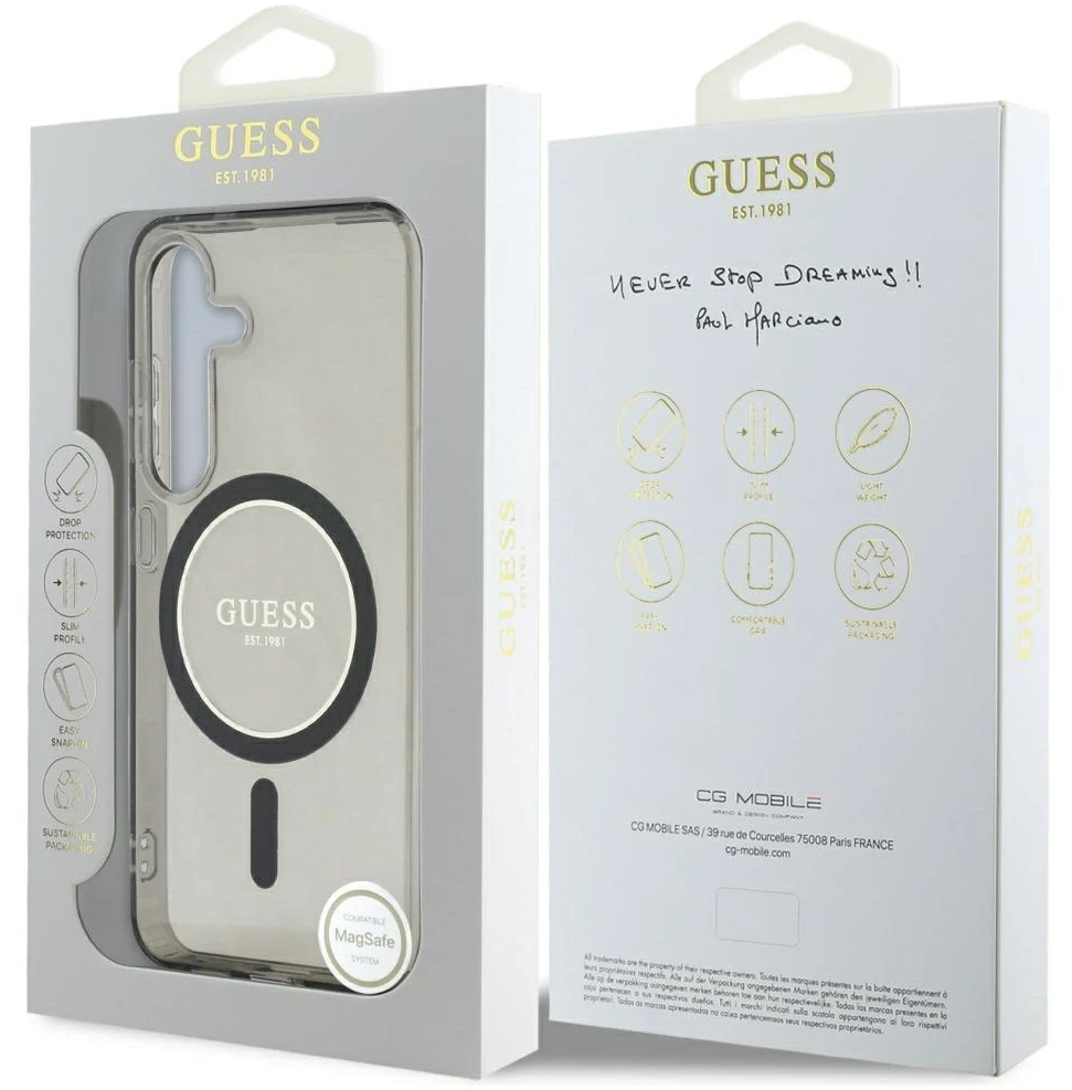 Dėklas Guess Glitter Circle Classic Logo MagSafe Samsung Galaxy S25 juodos spalvos