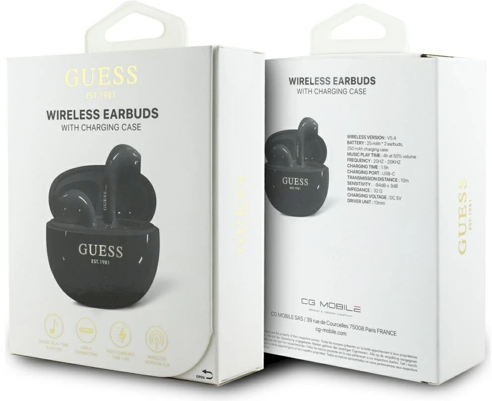 TWS ausinės Guess Glossy Effect Egg Shape Printed Classic Logo juodos spalvos