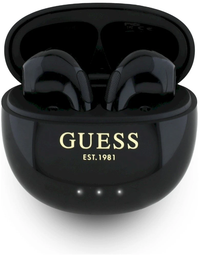 TWS ausinės Guess Glossy Effect Egg Shape Printed Classic Logo juodos spalvos