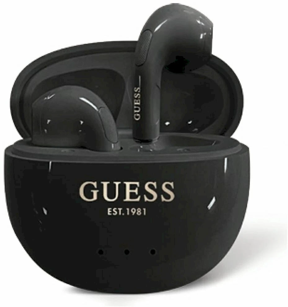 TWS ausinės Guess Glossy Effect Egg Shape Printed Classic Logo juodos spalvos