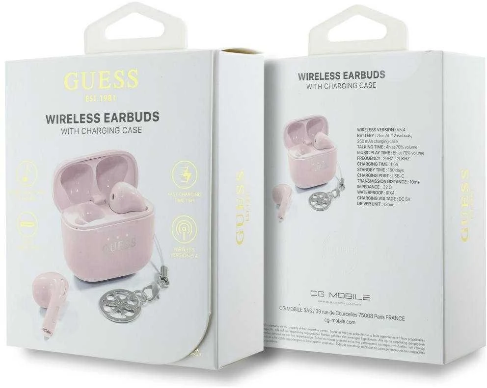 Ausinės TWS Guess Glossy Effect Printed Classic Logo & Charm rožinės spalvos