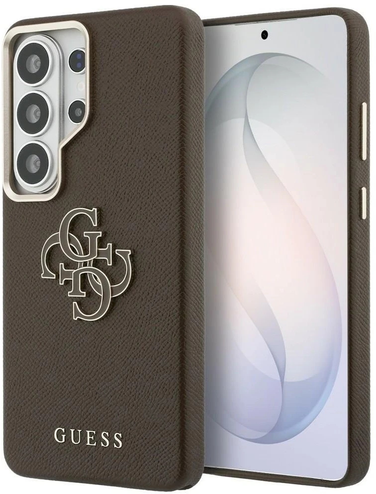 Guess PU 4G Resin Metal Logo dėklas skirtas Samsung Galaxy S26 Ultra rudos spalvos