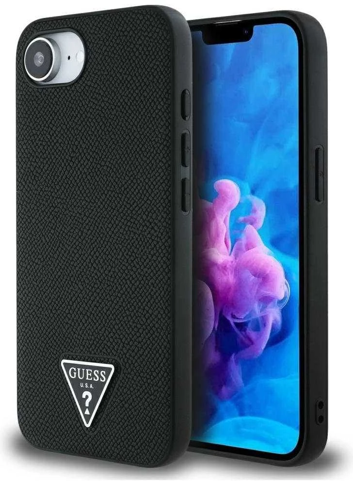 Guess Grained Triangle MagSafe dėklas iPhone 16e - juodas