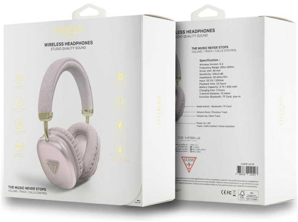 Ausinės Guess Bluetooth 5.3 Metallic Triangle Logo rožinės spalvos