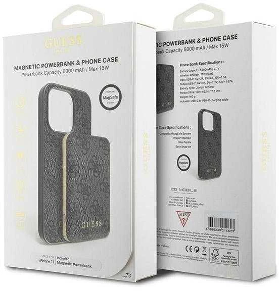 Dėklas „Guess GUBPM5N614GEMGK“ rinkinys, skirtas Apple iPhone 11 6.1“ kietam dėklui ir išorinei baterijai, 5000mAh, „MagSafe“ juodos spalvos 4G, metalinis, su rankena.