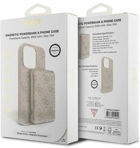 Dėklas Guess Set GUBPM5P15L4GEMGP Apple iPhone 15 Pro 6.1″ hardcase + Powerbank 5000mAh MagSafe rožinės spalvos 4G