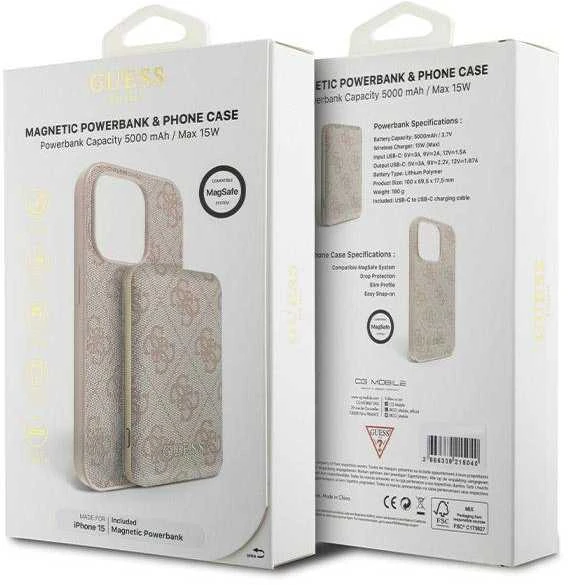 Dėklas Guess Set GUBPM5P15S4GEMGP Apple iPhone 15 6.1″ hardcase + Powerbank 5000mAh MagSafe rožinės spalvos 4G Meta
