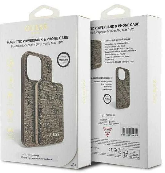 Rinkinys Guess GUBPM5P15S4GEMGW Apple iPhone 15 6.1" kietas dėklas + išorinė baterija 5000mAh MagSafe rudos spalvos 4G metalinis logotipas
