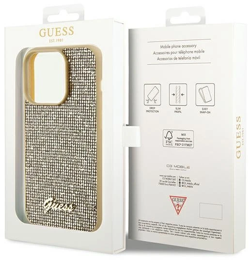 Guess GUHCP14LPMSDGSD Apple iPhone 14 Pro 6.1″ auksinis kietas dėklas Disco Metal Script