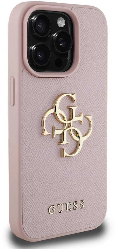 Dėklas Guess PU Grained 4G Metal Logo dėkals tavo Apple iPhone 15 Pro Max rožinės spalvos