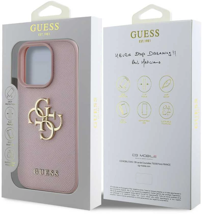 Dėklas Guess PU Grained 4G Metal Logo dėkals tavo Apple iPhone 15 Pro Max rožinės spalvos