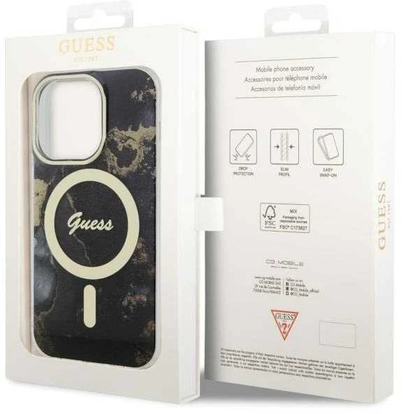 Guess GUHMP14XHTMRSK Apple iPhone 14 Pro Max 6.7″ juodos spalvos kietas dėklas Golden Marble MagSafe