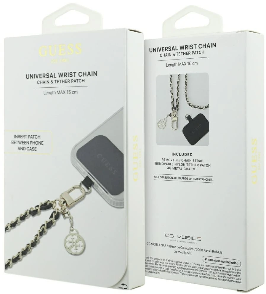 Guess GUOUCHSAMC4K Universal Hand Strap juodos spalvos Saffiano Chain 4G Charm