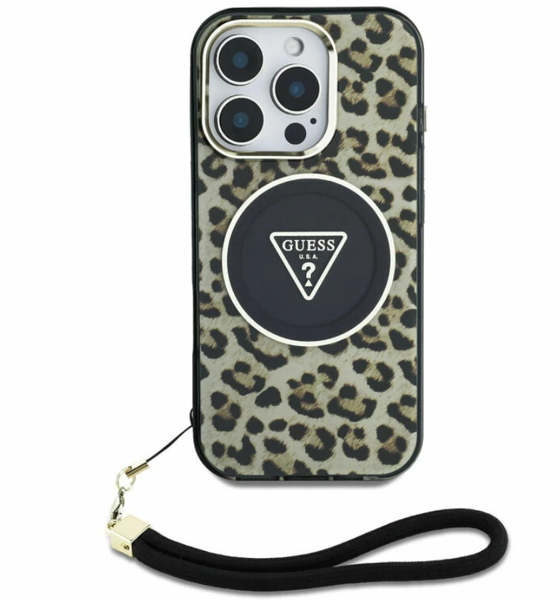 Guess HC IML Leopard Triangle Cord Strap Apple iPhone 16 MagSafe dėklas telefonui