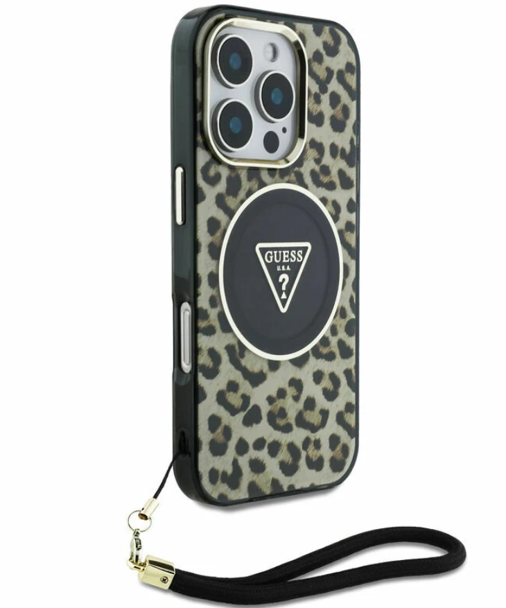 Guess HC IML Leopard Triangle Cord Strap Apple iPhone 16 MagSafe dėklas telefonui