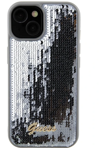 Apple iPhone 15 Pro Max Guess dėklas Sequin Script Metal (GUHCP15XPSFDGSS) sidabrinės spalvos