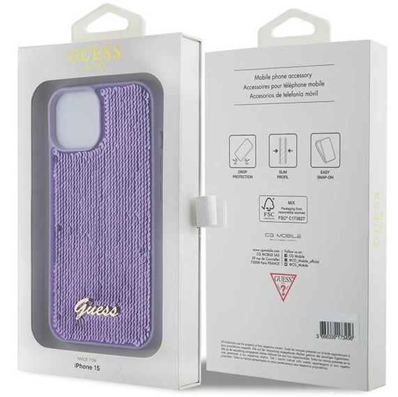 Dėklas GUESS GUHCP15XPSFDGS IPHONE 15 PRO MAX 6,7 col. PURPURINE/PURPURINĖ KIETOS DĖLĖS Sequin SCRIPT METAL