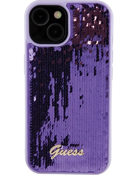 Dėklas GUESS GUHCP15XPSFDGS IPHONE 15 PRO MAX 6,7 col. PURPURINE/PURPURINĖ KIETOS DĖLĖS Sequin SCRIPT METAL