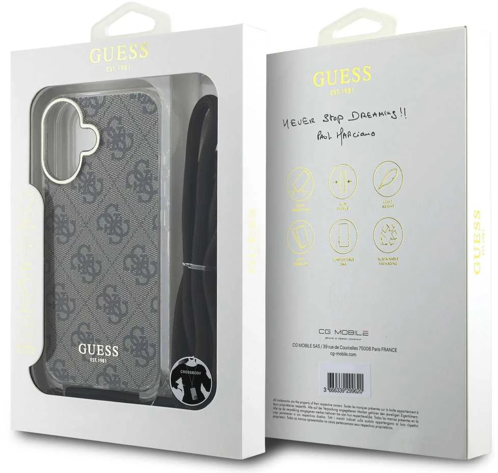 Guess GUHCP16SHC4SEW Apple iPhone 16 6.1" dėklas telefonui rudos spalvos/dėklas telefonui rudos spalvos Crossbody Cord 4G Print