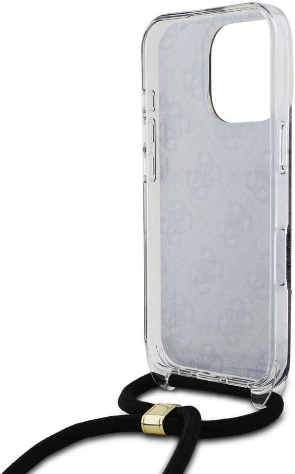Guess GUHCP16LHC4SEK Apple iPhone 16 Pro 6.3″ juodos spalvos kietas dėklas Crossbody Cord 4G Print