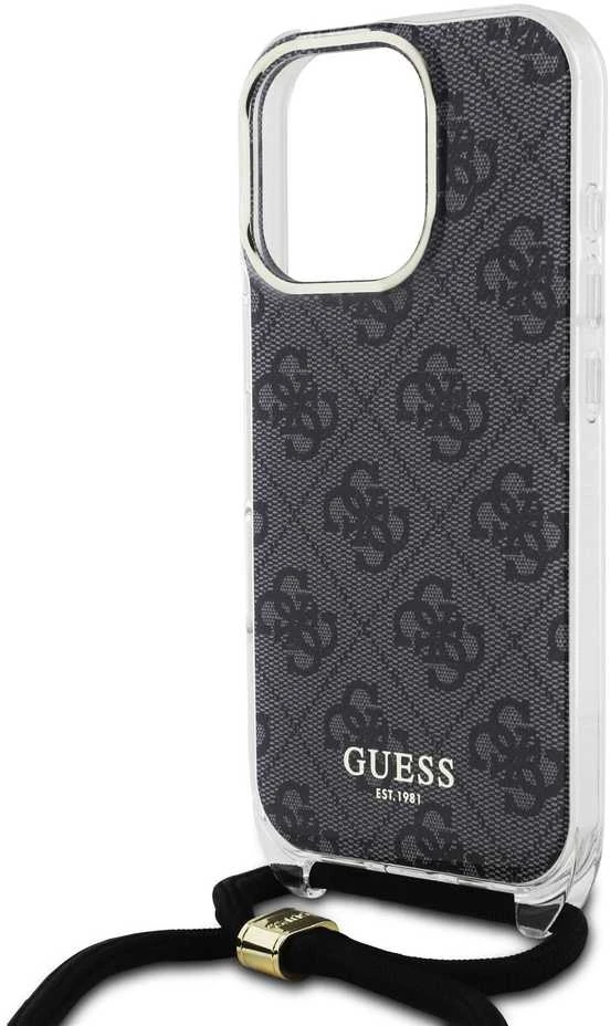 Guess GUHCP16LHC4SEK Apple iPhone 16 Pro 6.3″ juodos spalvos kietas dėklas Crossbody Cord 4G Print