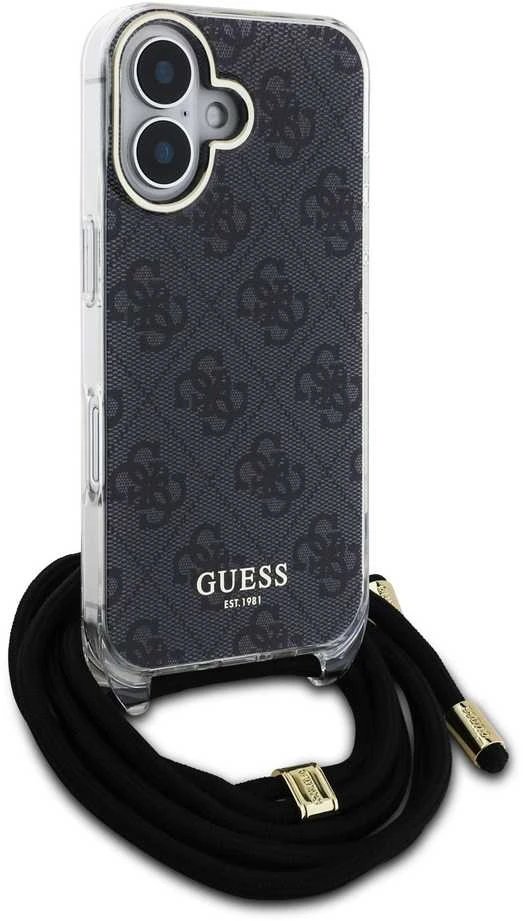 Guess GUHCP16SHC4SEK Apple iPhone 16 6.1″ juodos spalvos kietas dėklas Crossbody Cord 4G Print
