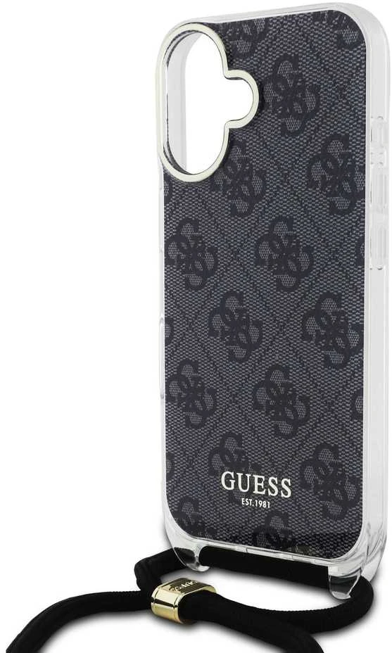 Guess GUHCP16SHC4SEK Apple iPhone 16 6.1″ juodos spalvos kietas dėklas Crossbody Cord 4G Print