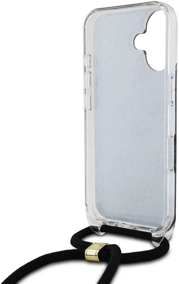 Guess GUHCP16SHC4SEK Apple iPhone 16 6.1″ juodos spalvos kietas dėklas Crossbody Cord 4G Print