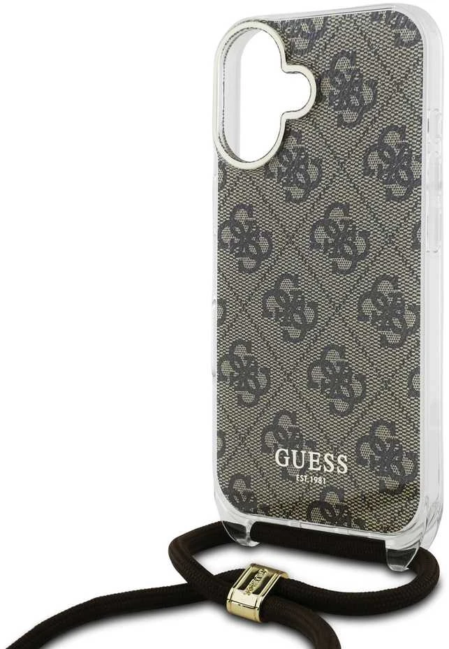 Guess GUHCP16SHC4SEW Apple iPhone 16 6.1" dėklas telefonui rudos spalvos/dėklas telefonui rudos spalvos Crossbody Cord 4G Print