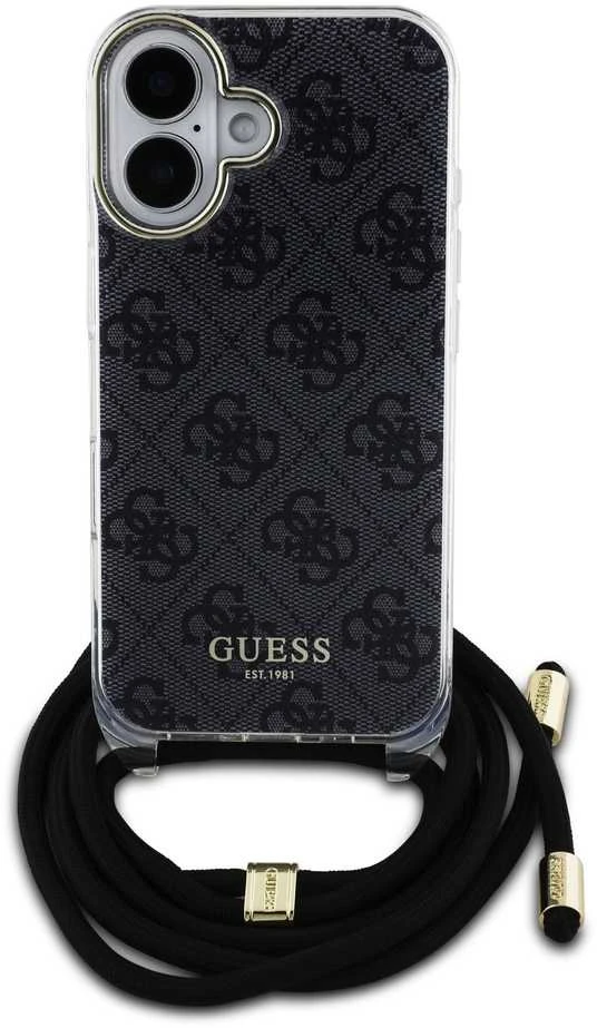 Guess GUHCP16SHC4SEK Apple iPhone 16 6.1″ juodos spalvos kietas dėklas Crossbody Cord 4G Print