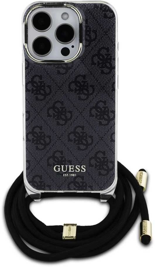 Guess GUHCP16LHC4SEK Apple iPhone 16 Pro 6.3″ juodos spalvos kietas dėklas Crossbody Cord 4G Print