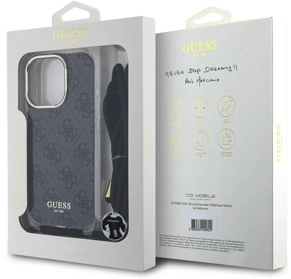 Guess GUHCP16LHC4SEK Apple iPhone 16 Pro 6.3″ juodos spalvos kietas dėklas Crossbody Cord 4G Print