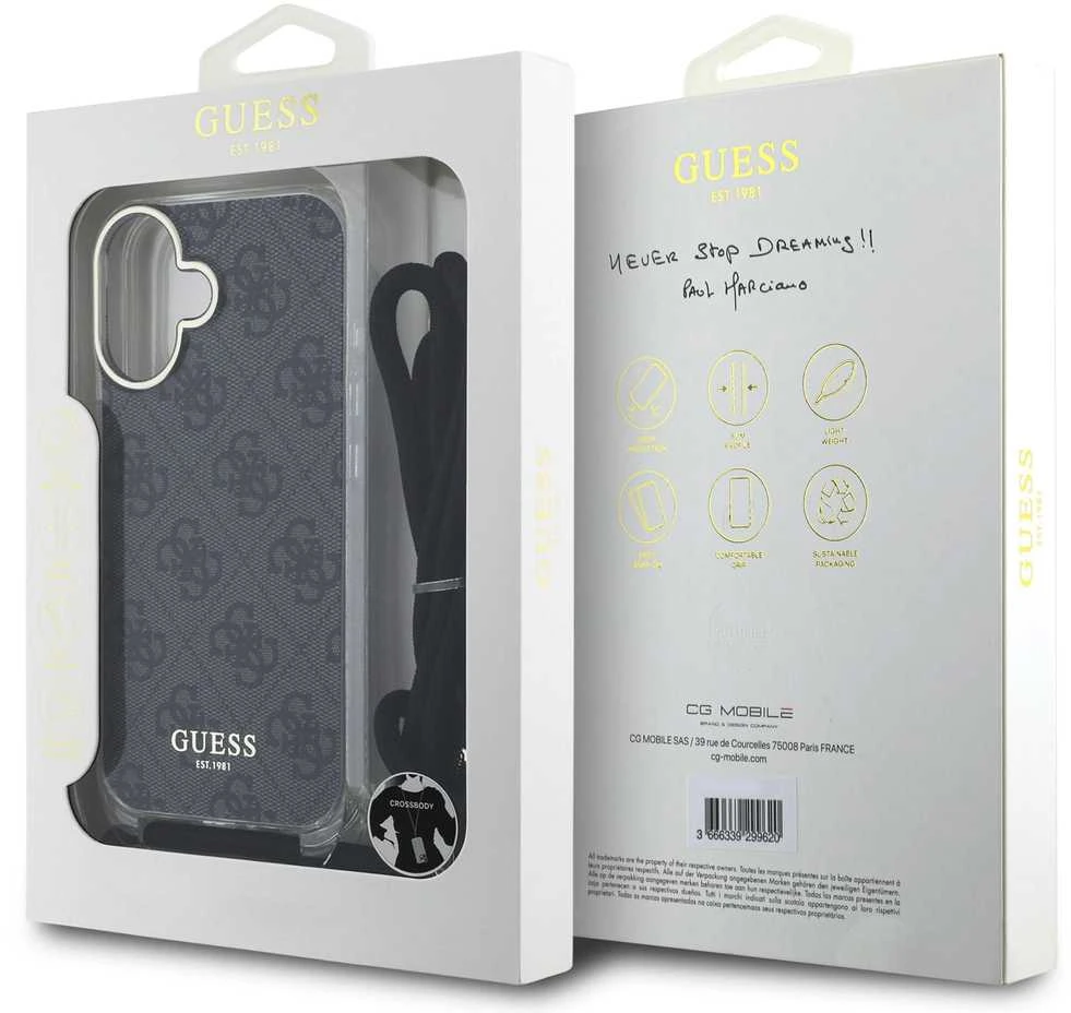 Guess GUHCP16SHC4SEK Apple iPhone 16 6.1″ juodos spalvos kietas dėklas Crossbody Cord 4G Print