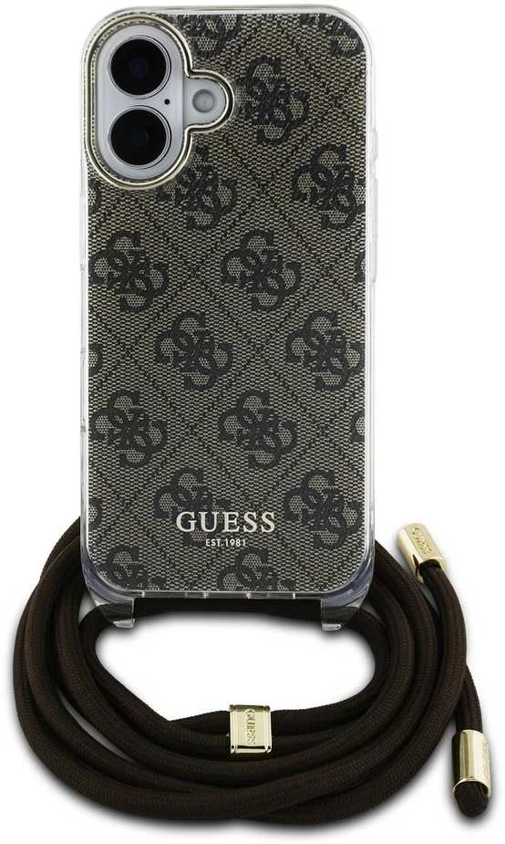 Guess GUHCP16SHC4SEW Apple iPhone 16 6.1" dėklas telefonui rudos spalvos/dėklas telefonui rudos spalvos Crossbody Cord 4G Print