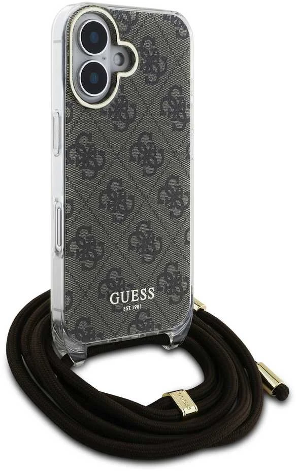 Guess GUHCP16SHC4SEW Apple iPhone 16 6.1" dėklas telefonui rudos spalvos/dėklas telefonui rudos spalvos Crossbody Cord 4G Print